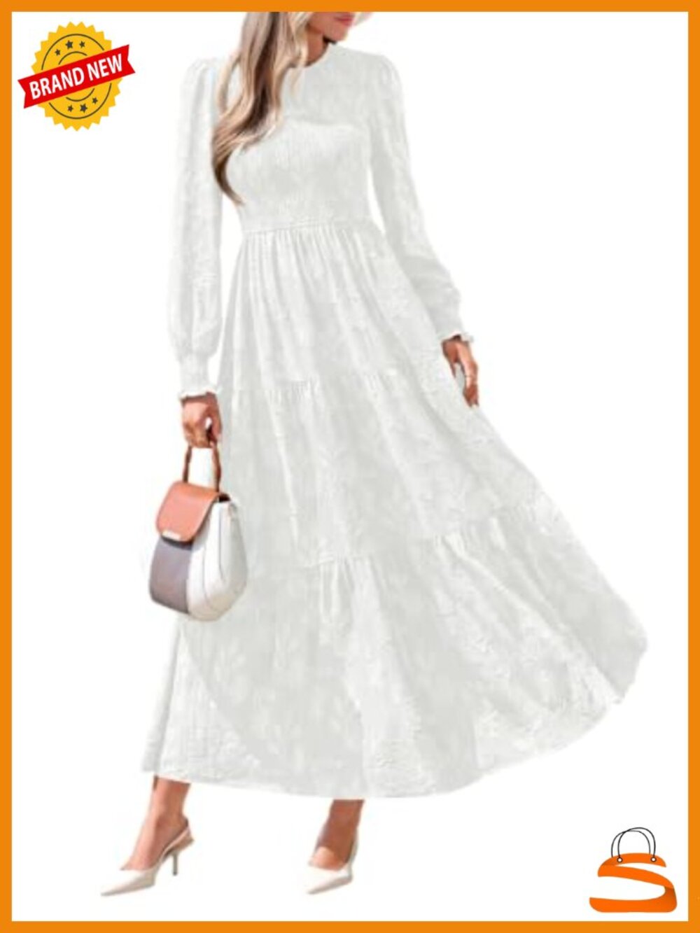 Women's Floral Jacquard Midi A-Line Long Sleeve Dress with Pockets